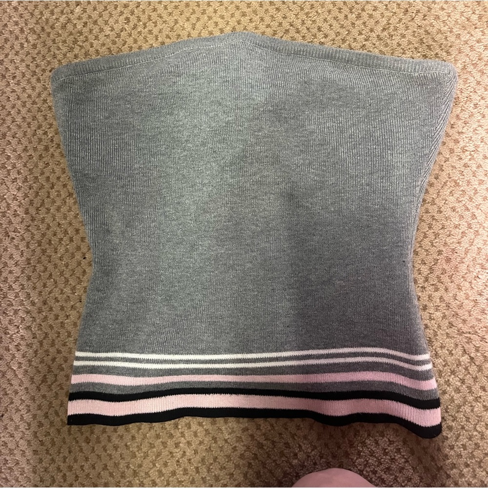 Gray Strapless Knit Top with Pink and Black Stripes